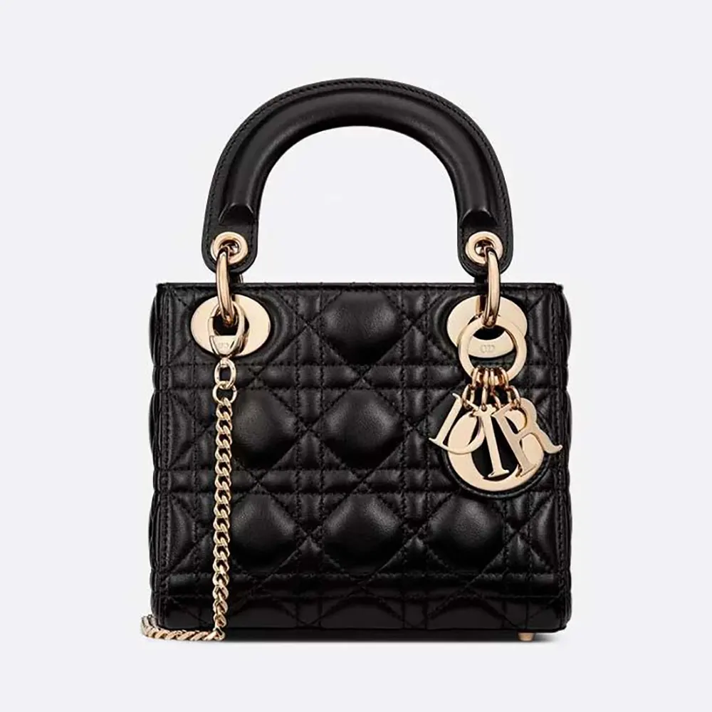 Front view of Dior Women Mini Lady Dior Bag Black Cannage Lambskin