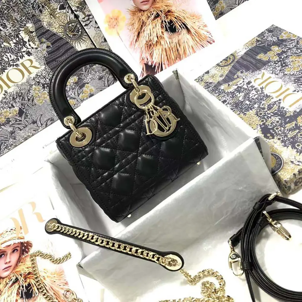 Close-up of silver cannage hardware on Dior Women Mini Lady Dior Bag