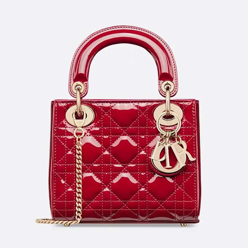 Front close-up of Dior Women Mini Lady Dior Bag Cherry Red Patent Cannage Calfskin