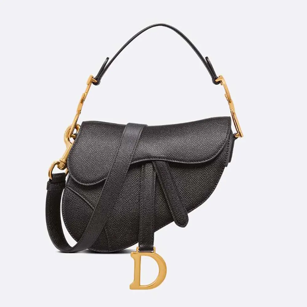 Front view of Dior Women Mini Saddle Bag with Strap Black Grained Calfskin