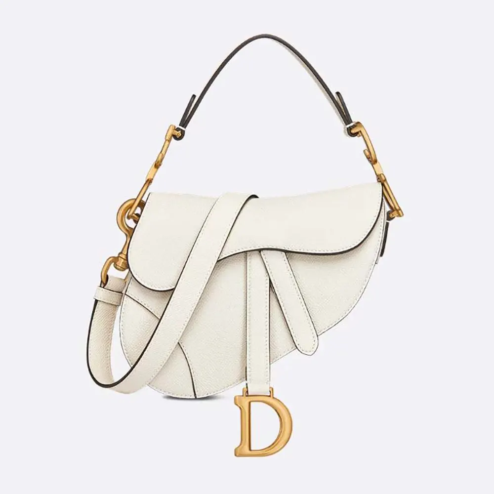 Front view of Dior Women Mini Saddle Bag with Strap Latte Grained Calfskin