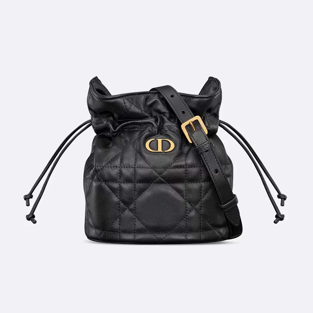 Front view of Dior Women Miss Caro Mini Bucket Bag in black lambskin