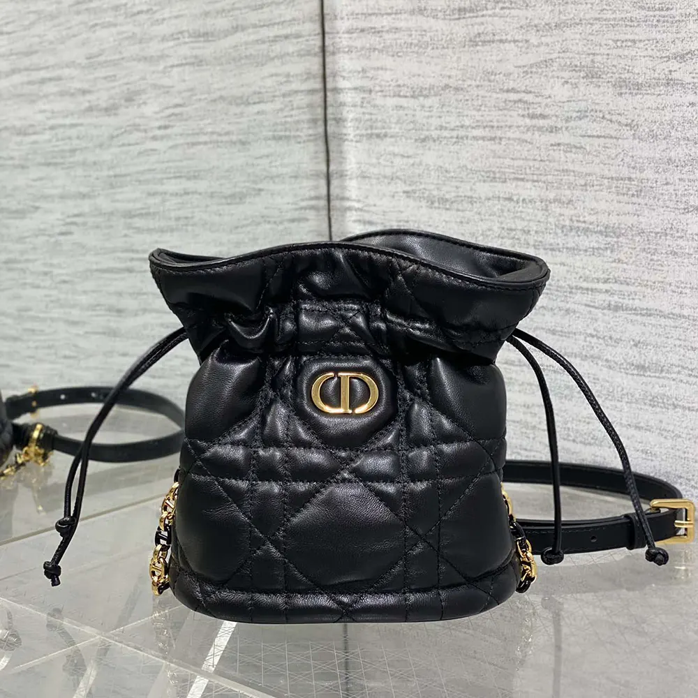 Side angle showing silhouette and signature Dior stitching on mini bucket bag