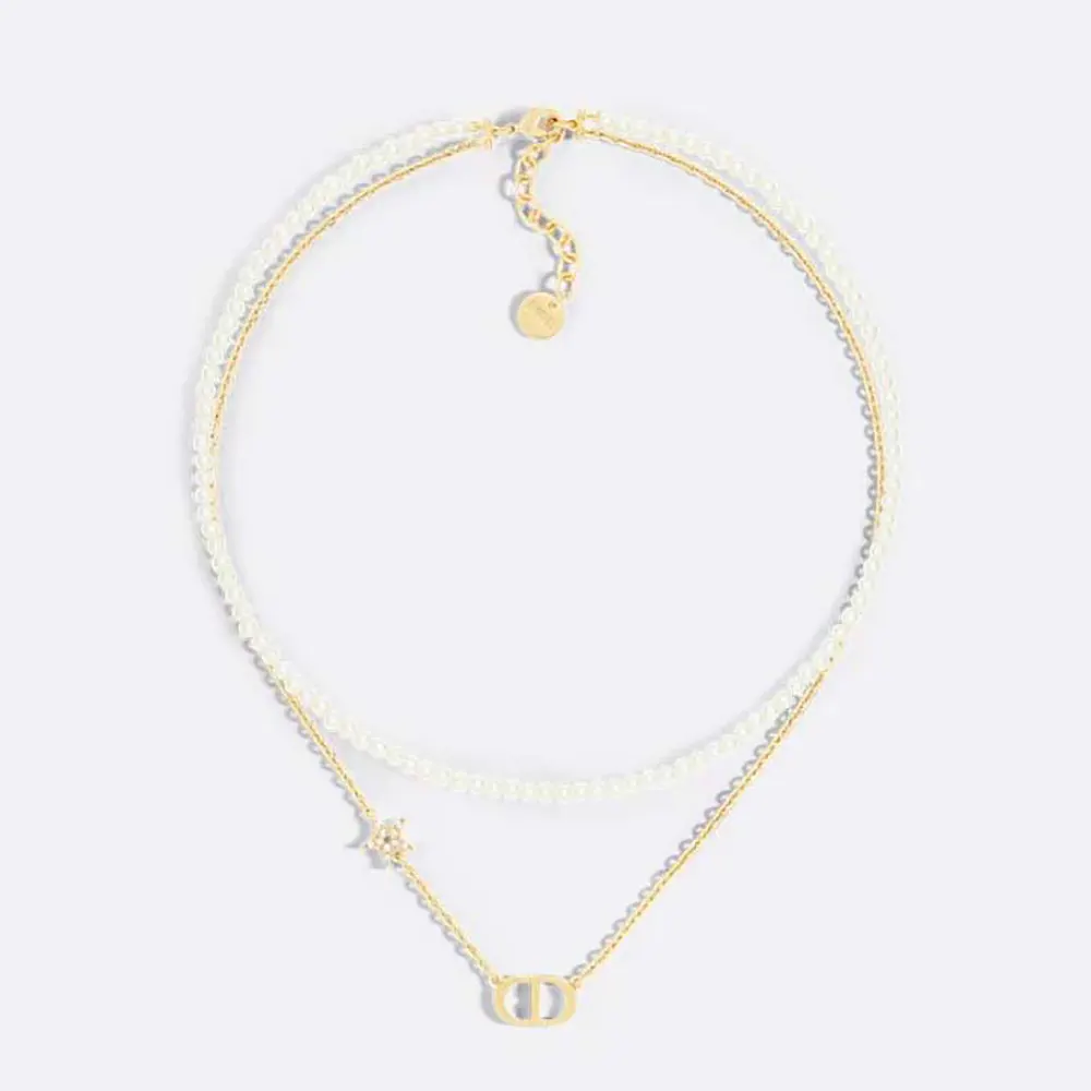 Dior Women Petit CD Necklace Gold-Finish Metal with White Resin Pearls and Silver-Tone Crystals