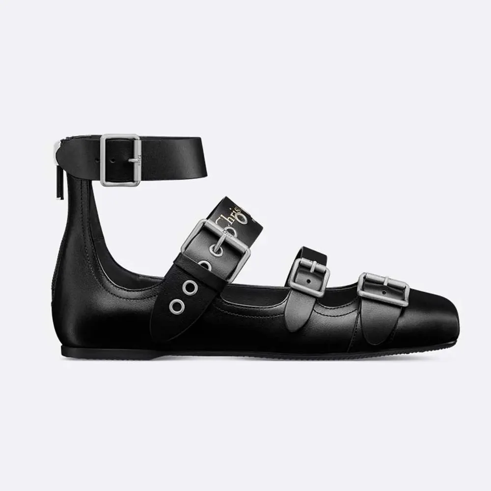 Side view of Dior Women Punk Ballet Flat Black Supple Calfskin showing studded trim