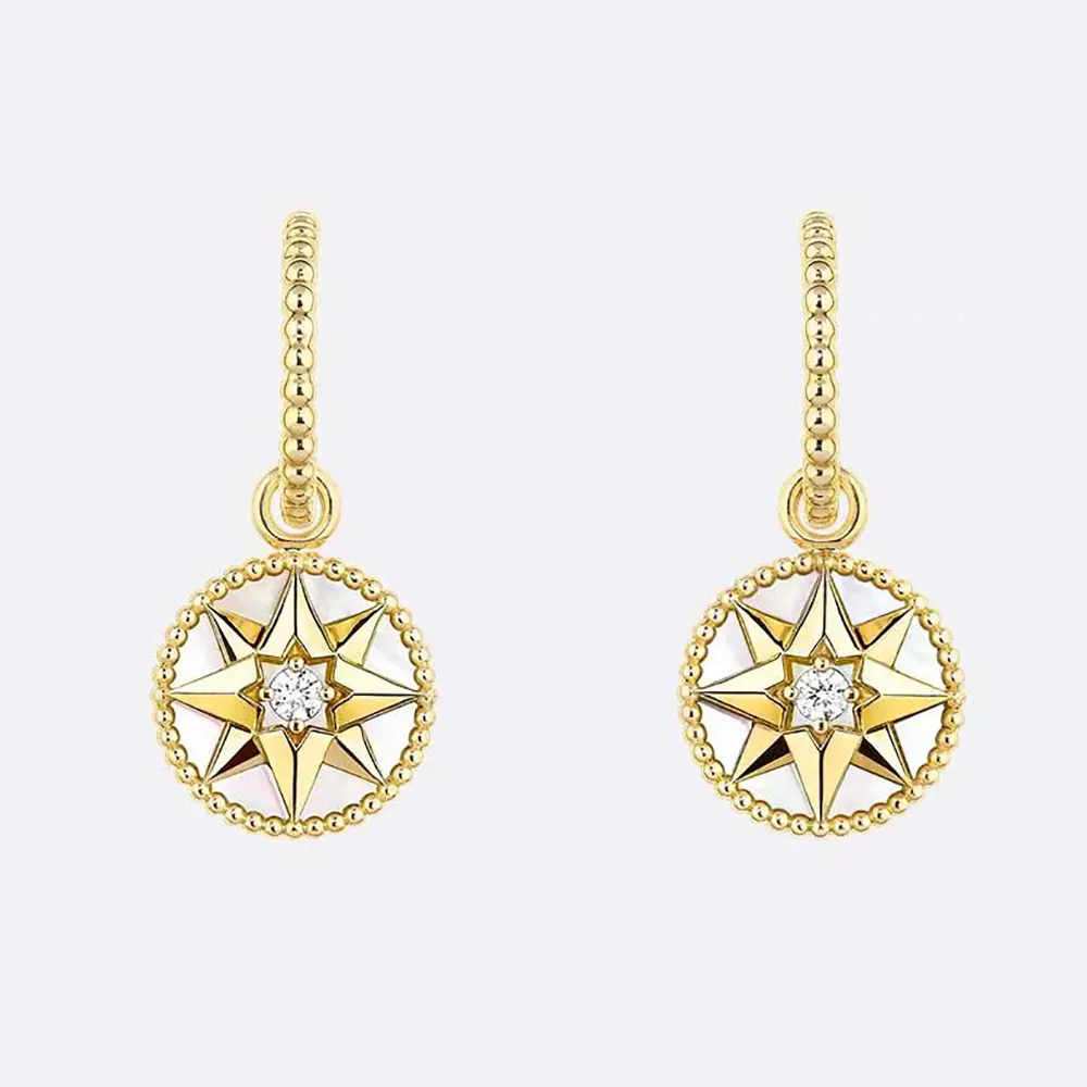 Close-up front view of Dior Women Rose des Vents Earrings Yellow Gold Diamonds and Mother-of-Pearl