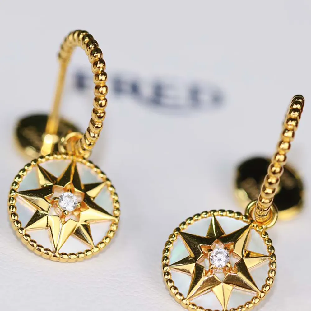 Detail of mother-of-pearl and diamond accents on Dior Women Rose des Vents Earrings