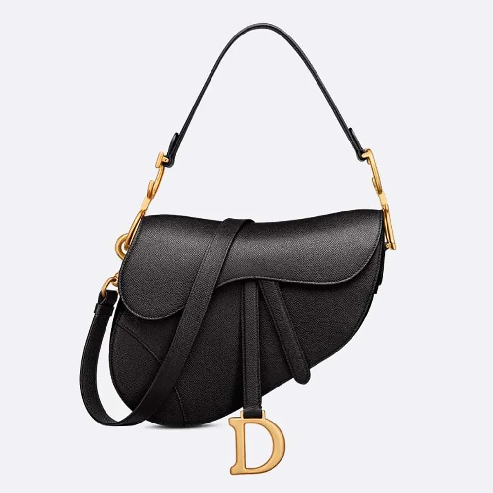 Front view of Dior Women Saddle Bag with Strap Black Grained Calfskin