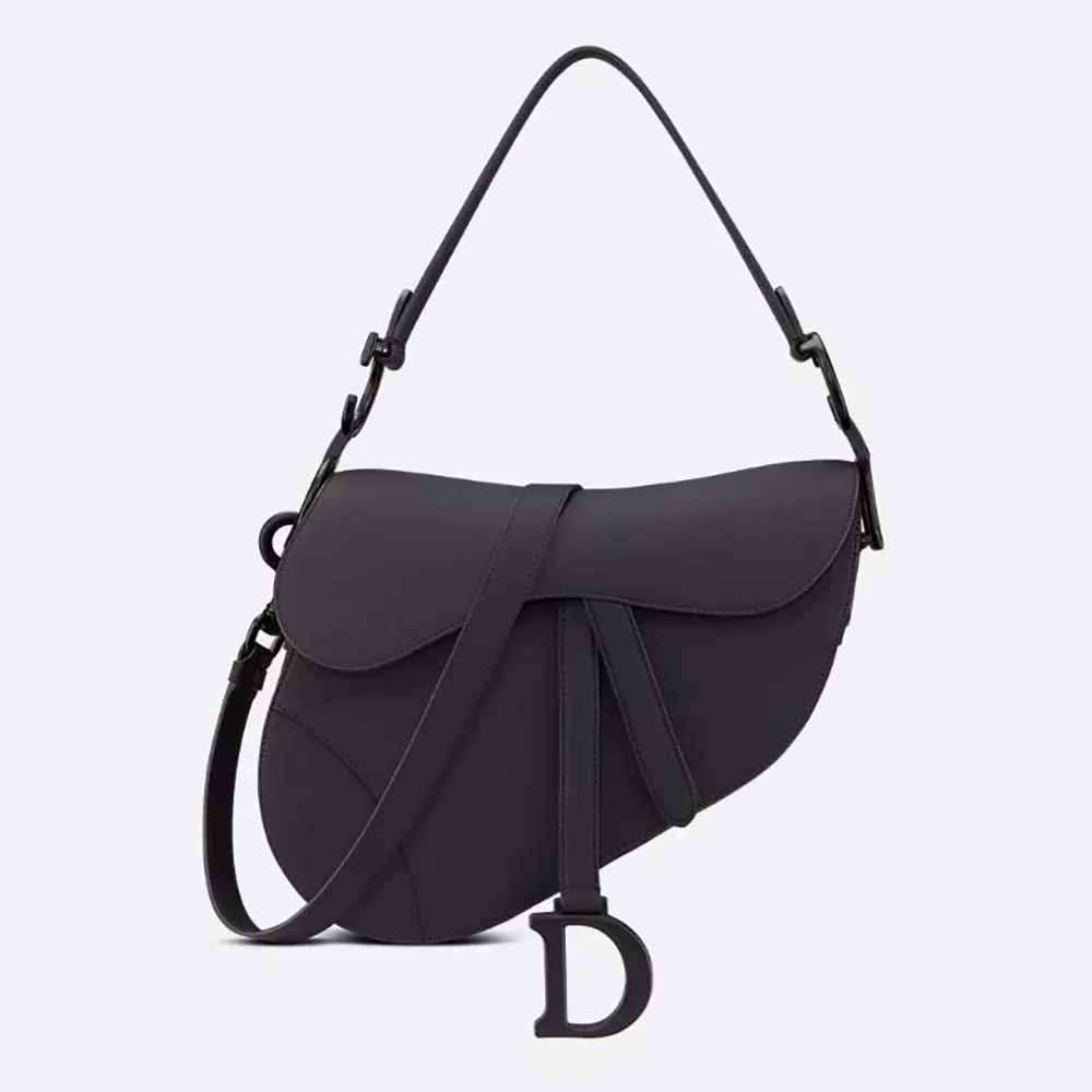 Front view of Dior Women Saddle Bag with Strap Black Ultramatte Calfskin