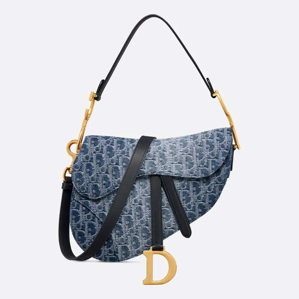 Front view of Dior Women Saddle Bag with Strap Blue Denim Dior Oblique Jacquard
