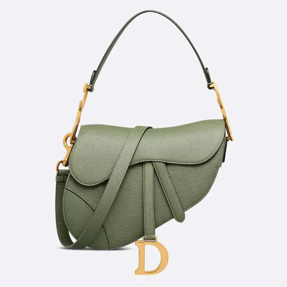 Front view of Dior Women Saddle Bag with Strap Cedar Green grained calfskin