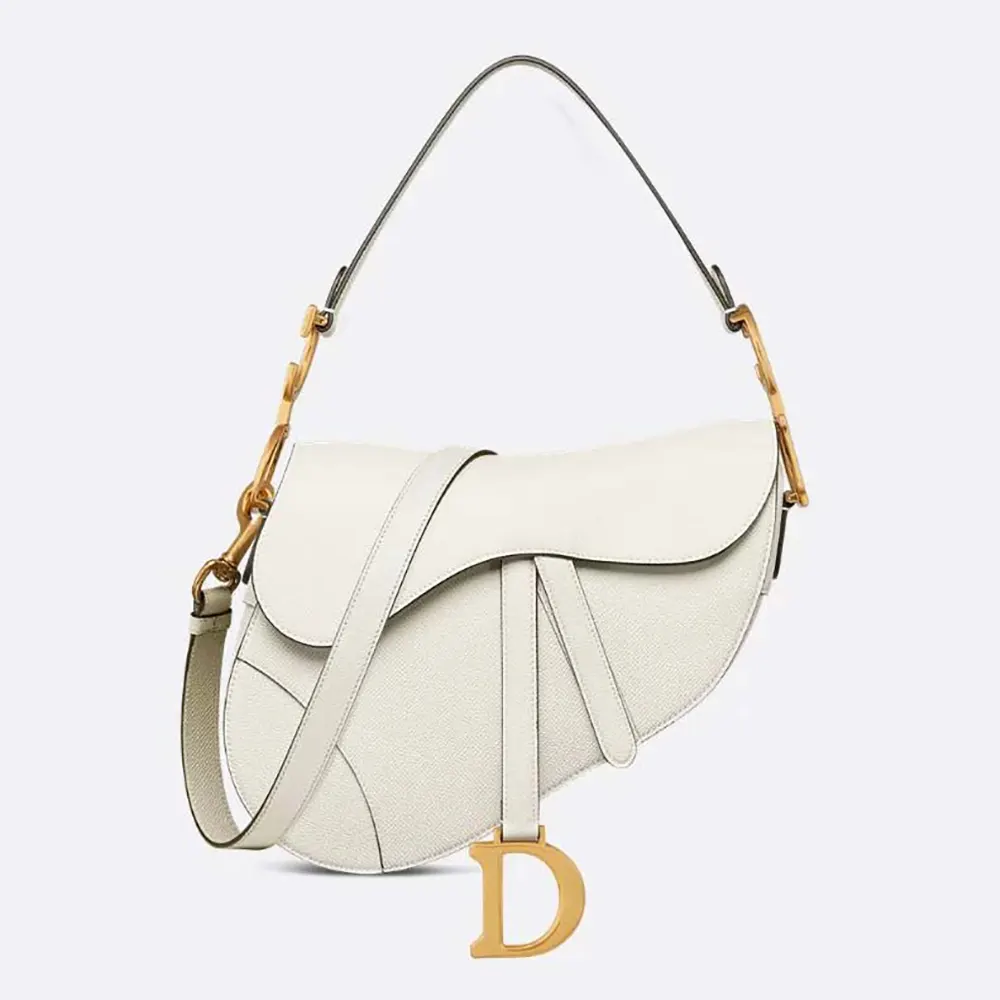 Front view of Dior Women Saddle Bag with Strap Latte Grained Calfskin in white