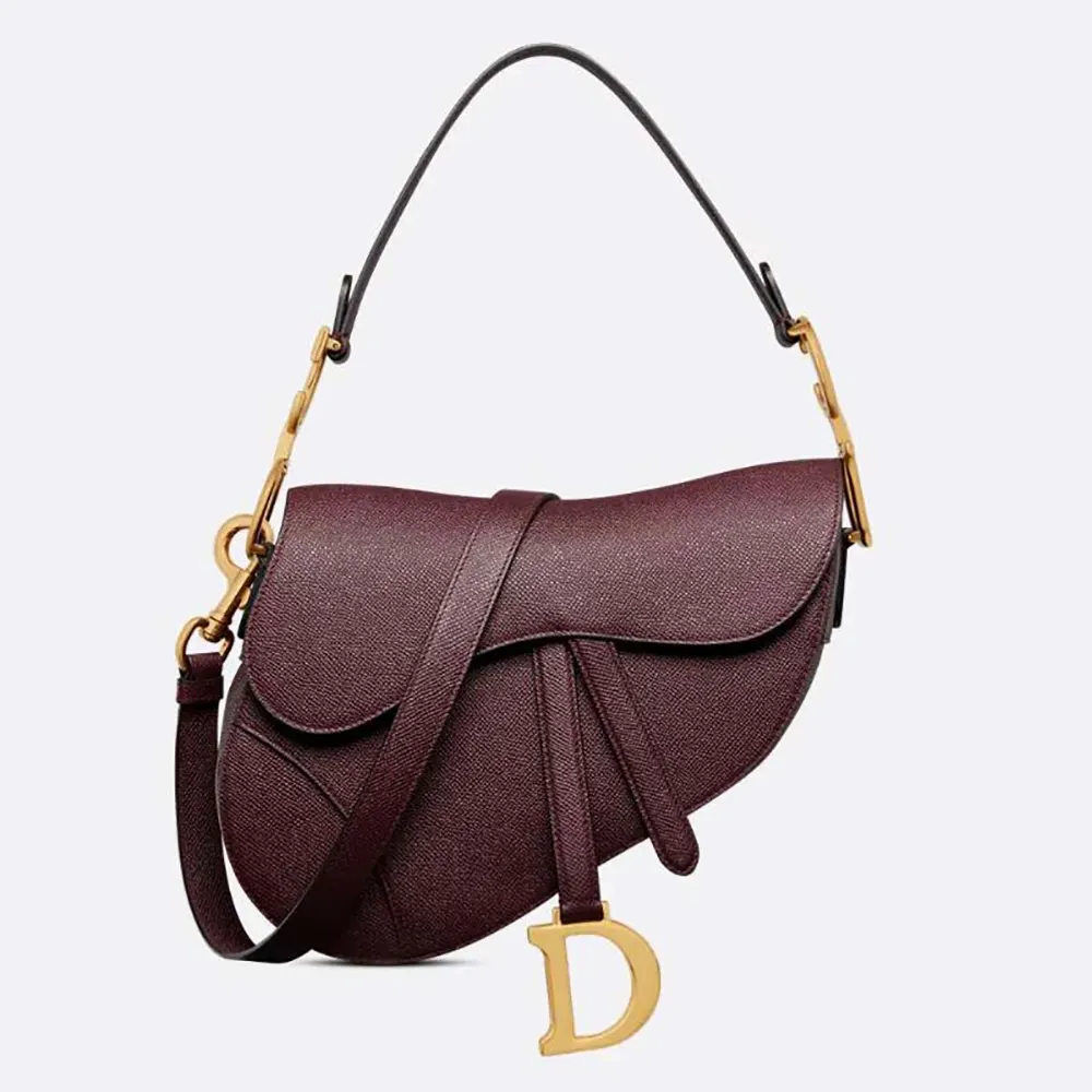 Front view of Dior Women Saddle Bag with Strap Plum Grained Calfskin in bordeaux
