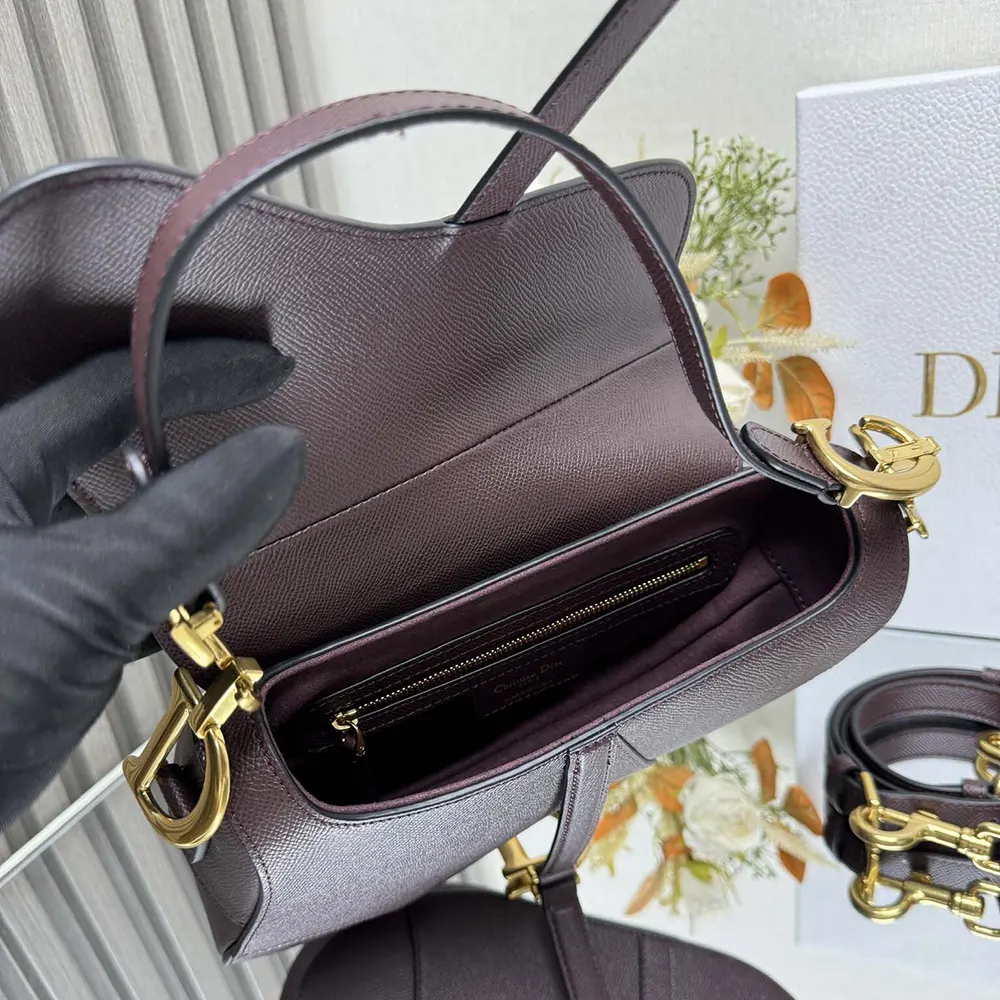 Dior Women Saddle Bag with Strap Plum Grained Calfskin - image 6
