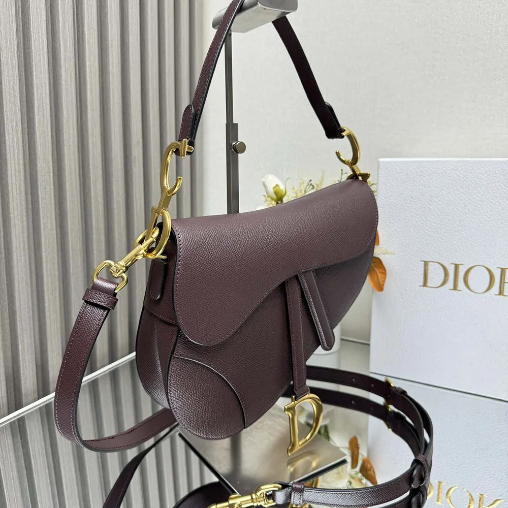 Dior Women Saddle Bag with Strap Plum Grained Calfskin - image 4