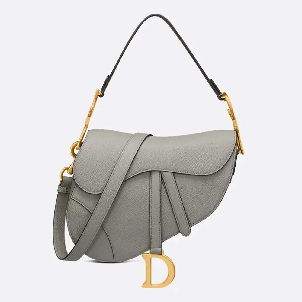 Front view of Dior Women Saddle Bag with Strap Stone Gray Grained Calfskin