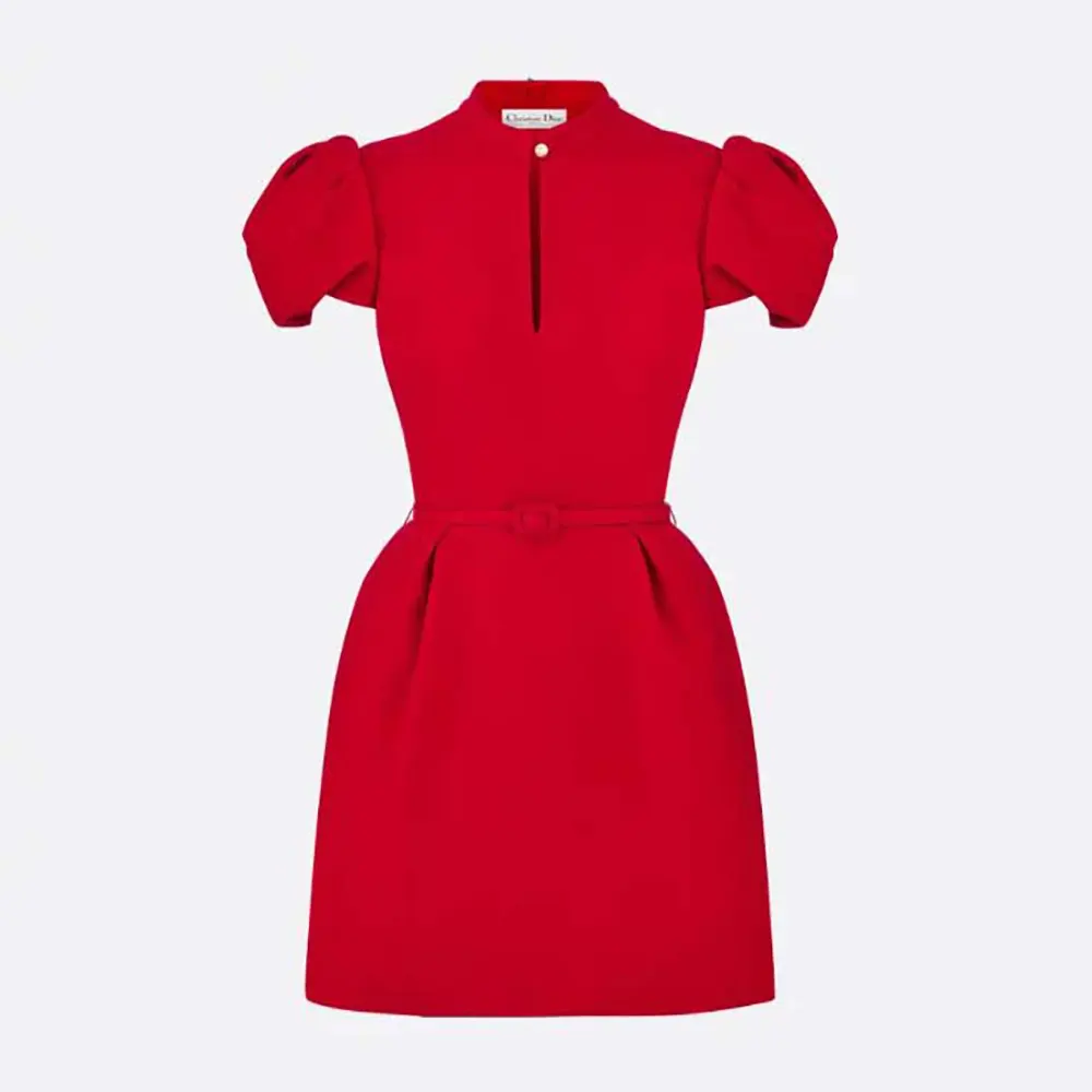 Front view of Dior Women Short Belted Dress Bright Red in wool silk blend