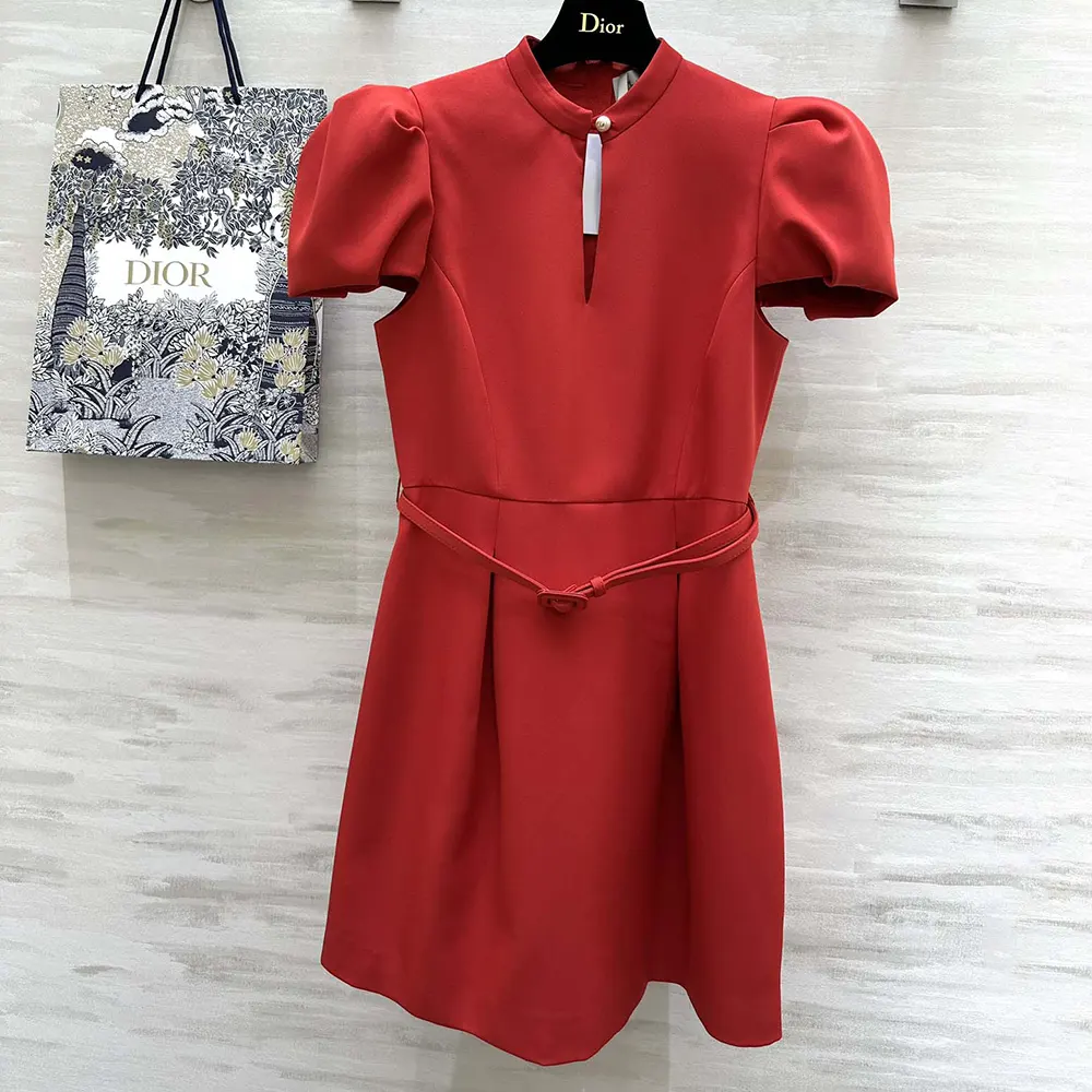 Side profile showing silhouette of Dior Women Short Belted Dress Bright Red