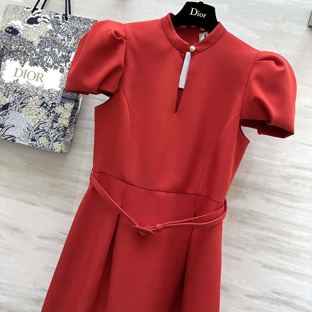 Dior Women Short Belted Dress Bright Red Lightweight Wool and Silk - image 4