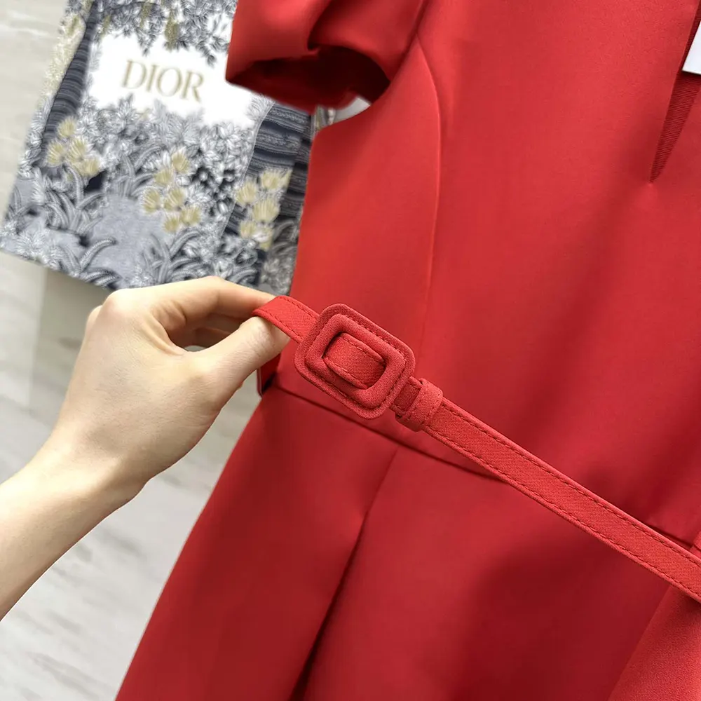 Dior Women Short Belted Dress Bright Red Lightweight Wool and Silk - image 7