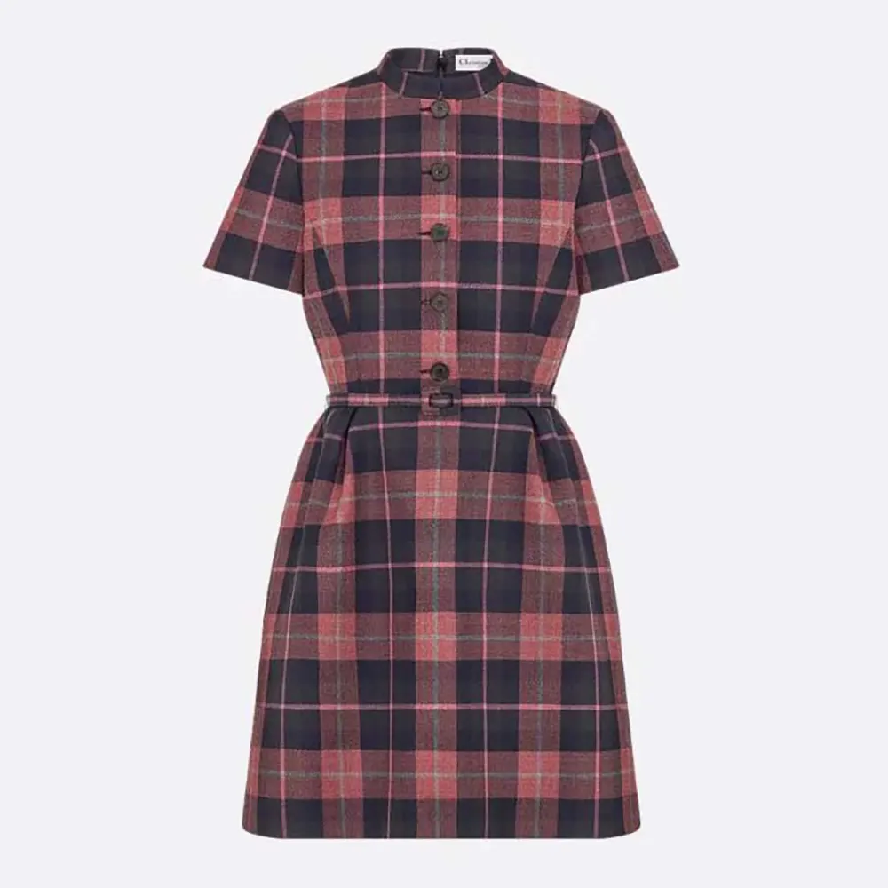 Front view of Dior Women Short Belted Dress Pink Gray and White Check’n’Dior Virgin Wool