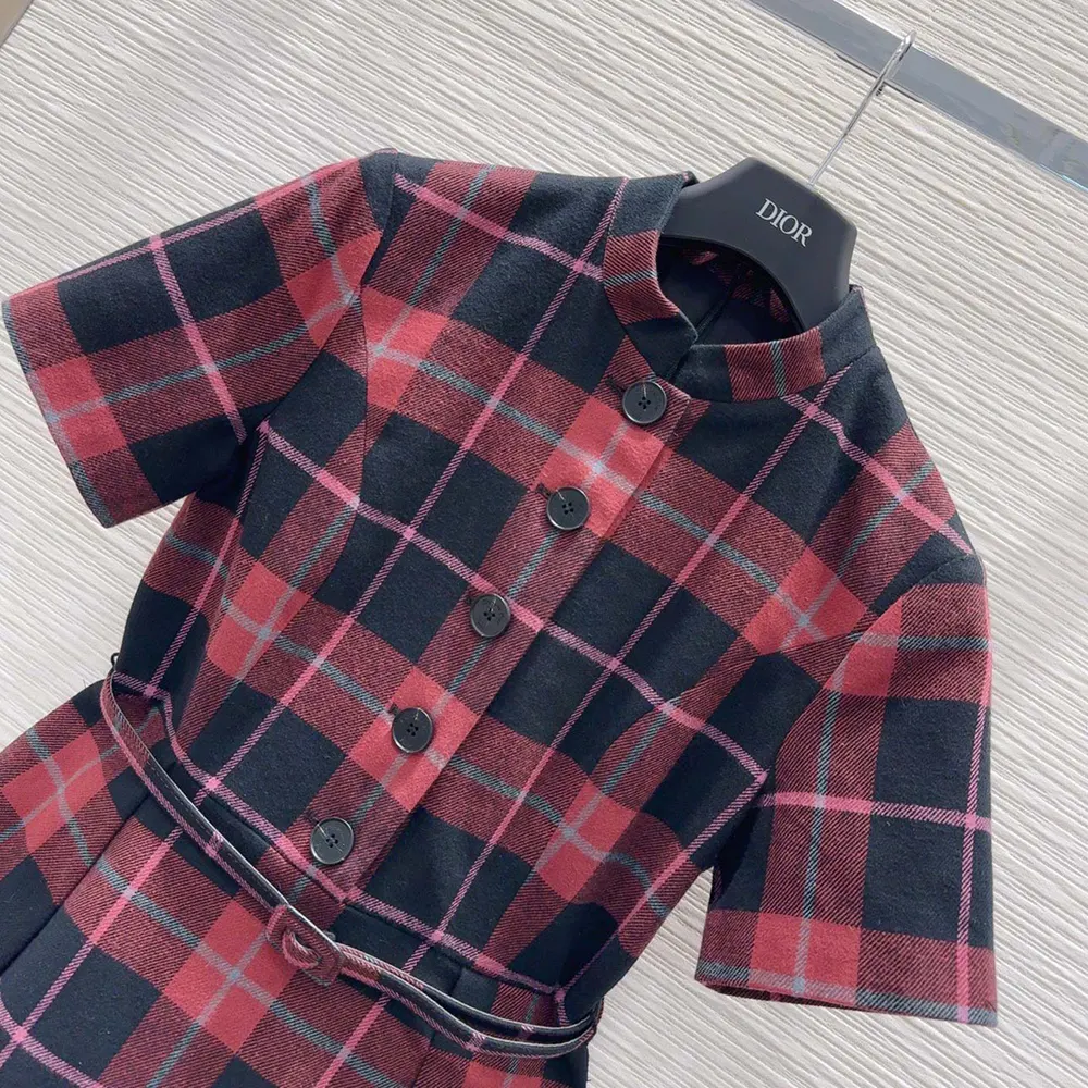 Dior Women Short Belted Dress Pink Gray and White Check’n’Dior Virgin Wool - image 4