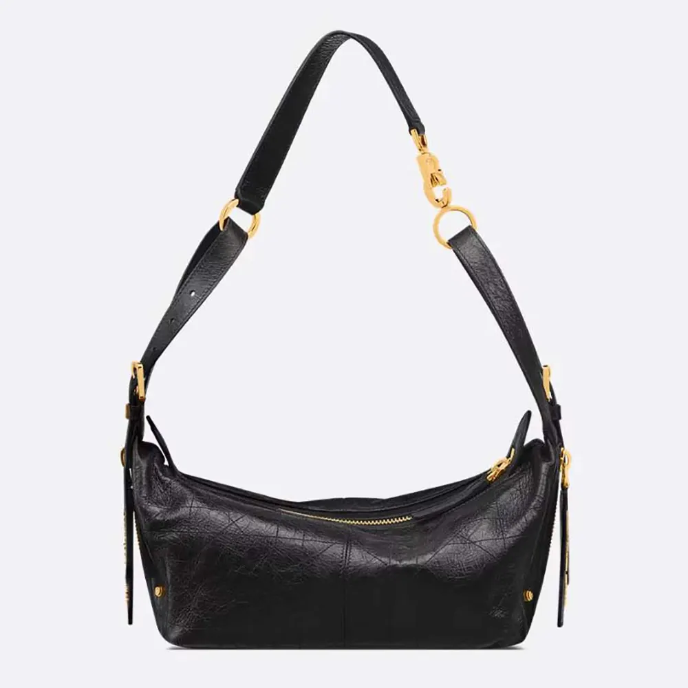 Front view of Dior Women Small D-Journey Bag in black crinkled calfskin