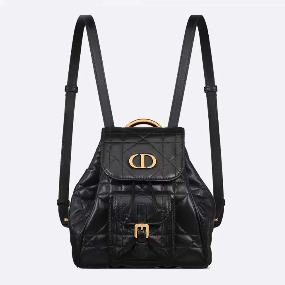 Front view of Dior Women Small Dior Caro Backpack Black Macrocannage Lambskin