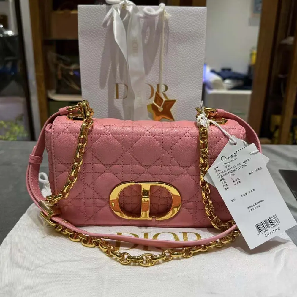 Close-up of silver ‘CD’ clasp on Dior Women Small Dior Caro Bag Pink