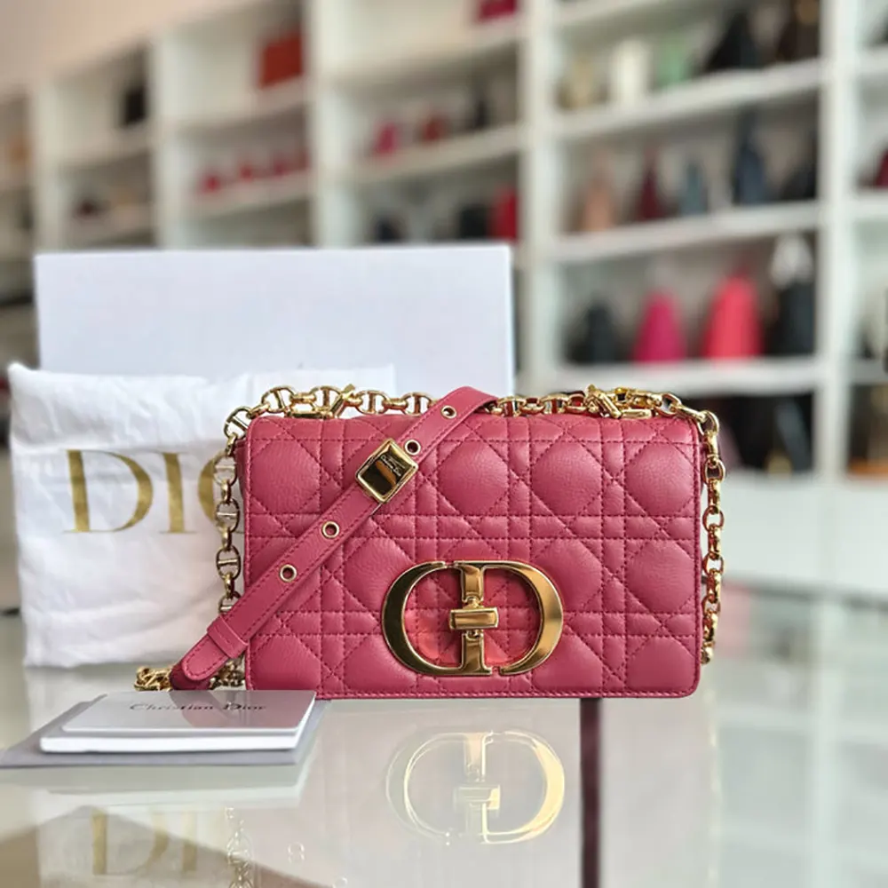 Close-up of signature Cannage stitching on Dior Women Small Dior Caro Bag Rose