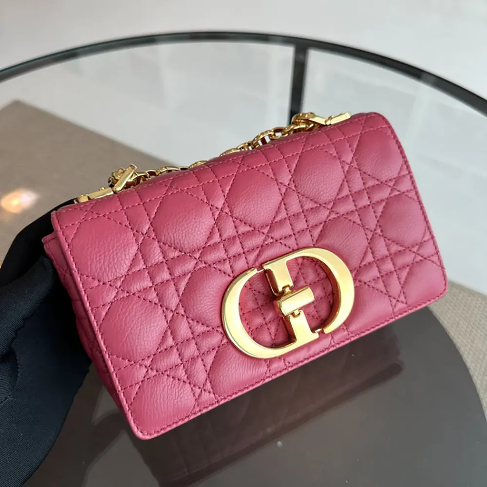 Side angle showing silver hardware of Dior Women Small Dior Caro Bag Rose