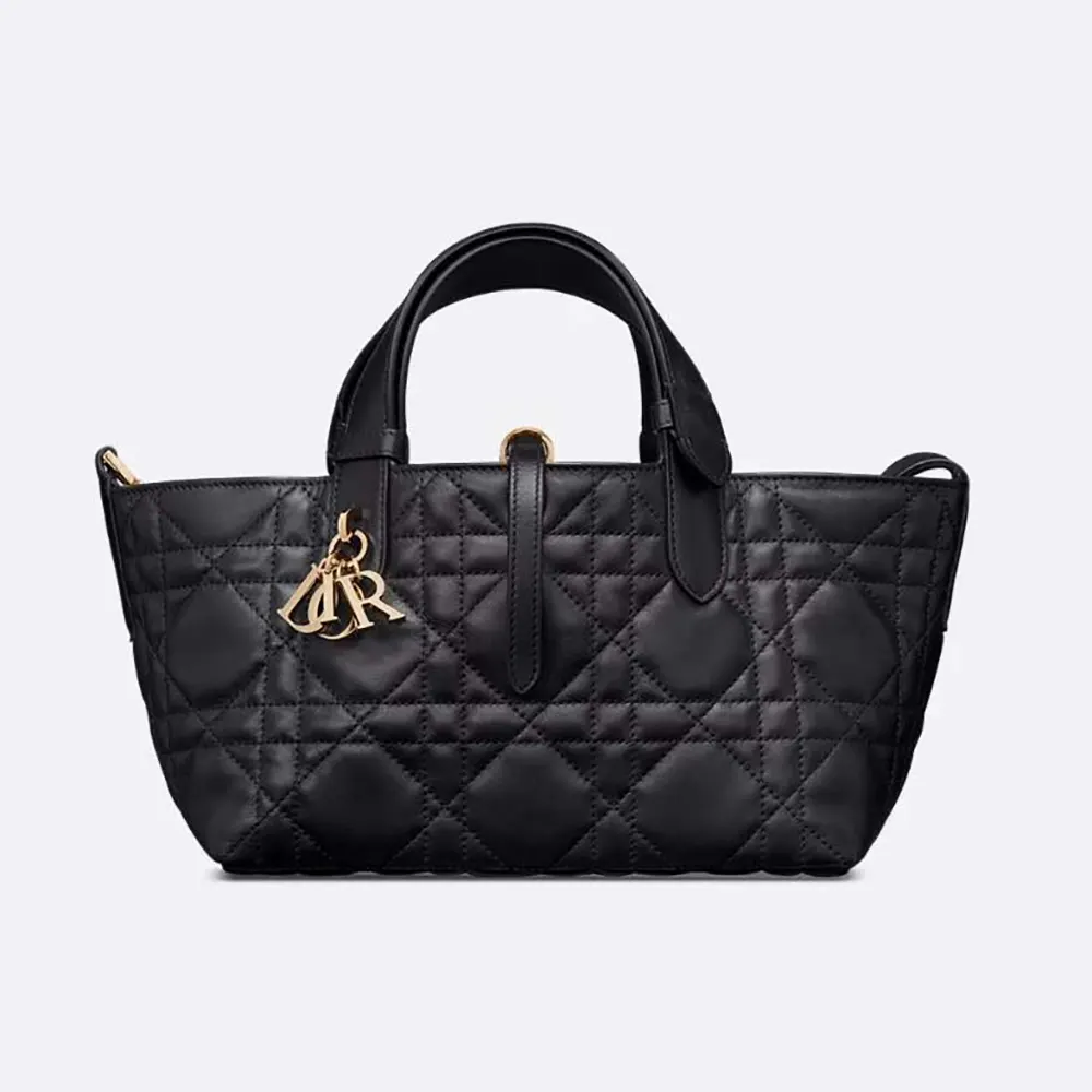 Front view of Dior Women Small Dior Toujours Bag Black Macrocannage Calfskin