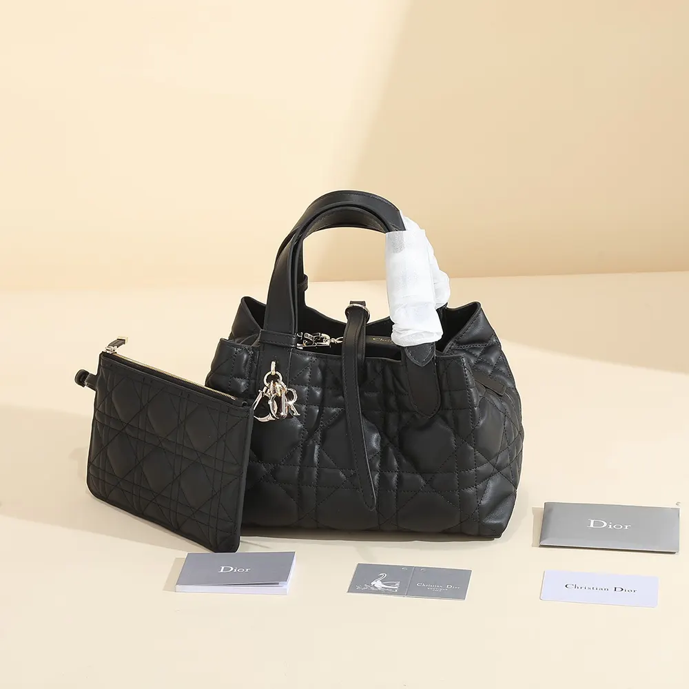 Close-up on silver ‘CD’ hardware detail on Dior Toujours Bag