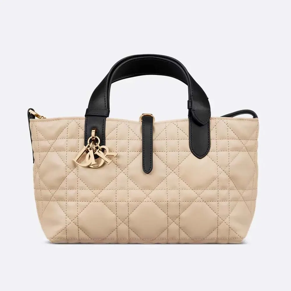 Front view of Dior Women Small Dior Toujours Bag Rope Beige and Black Macrocannage Calfskin