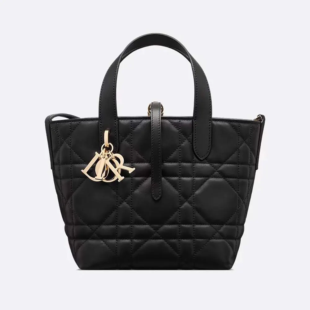 Front view of Dior Women Small Dior Toujours Vertical Tote Bag Black Macrocannage Calfskin
