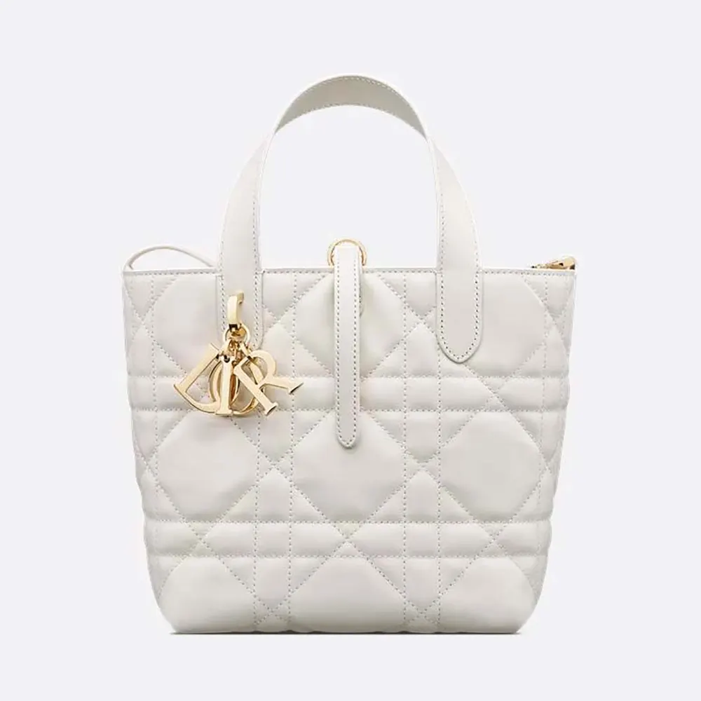 Front view of Dior Women Small Dior Toujours Vertical Tote Bag Latte Macrocannage Calfskin