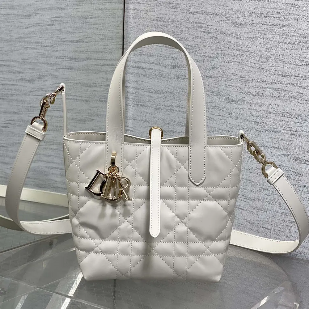 Close-up of latte macrocannage stitching on Dior Women Small Dior Toujours Vertical Tote Bag