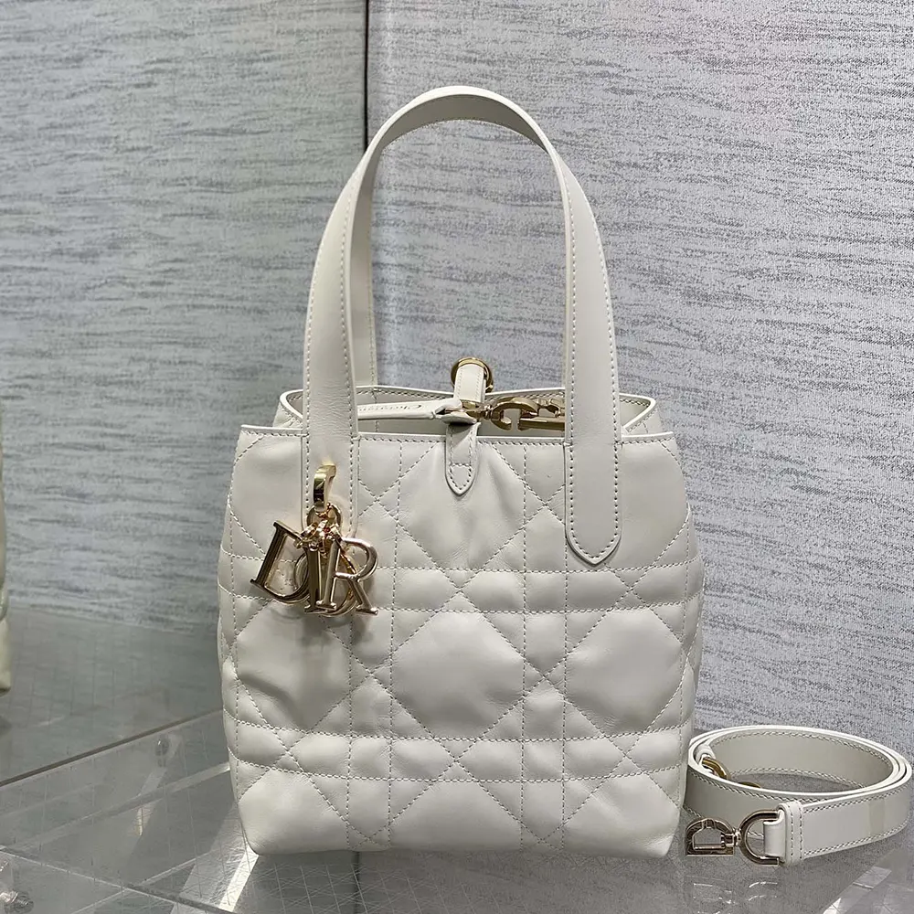 Silver-tone hardware detail on Dior Women Small Dior Toujours Vertical Tote Bag Latte Macrocannage Calfskin