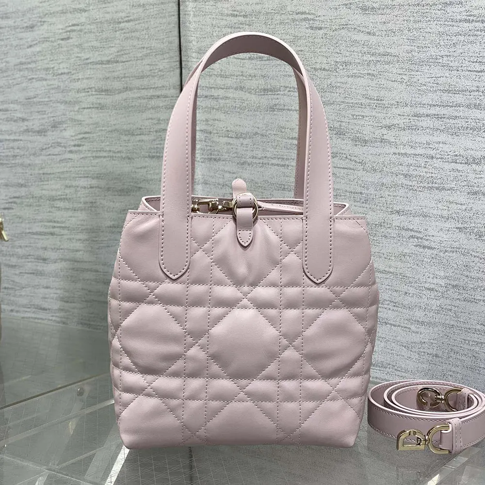 Side angle showing slim silhouette of Dior Women Small Dior Toujours Vertical Tote Bag