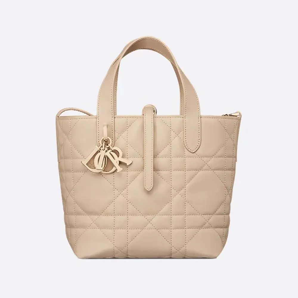 Front view of Dior Women Small Dior Toujours Vertical Tote Bag in powder beige