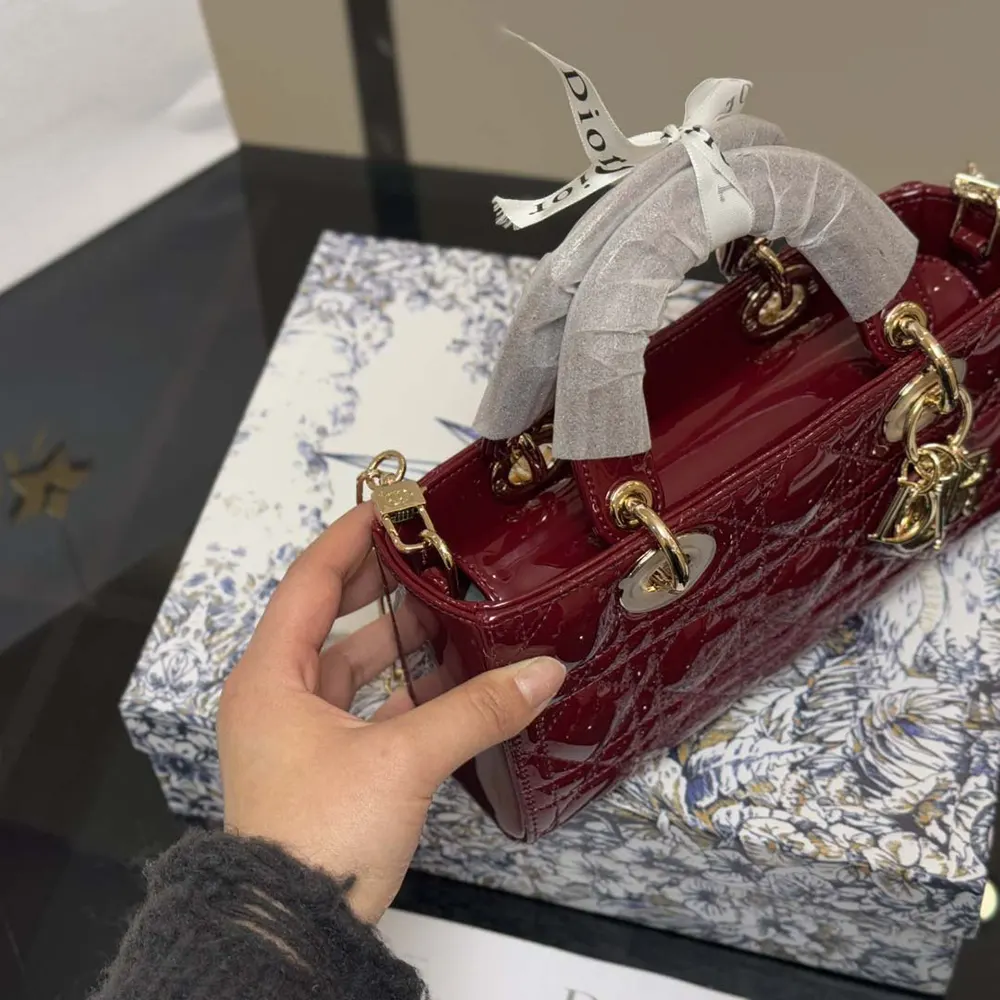 Dior Women Small Lady D-Joy Bag Cherry Red Patent Cannage Calfskin - image 10