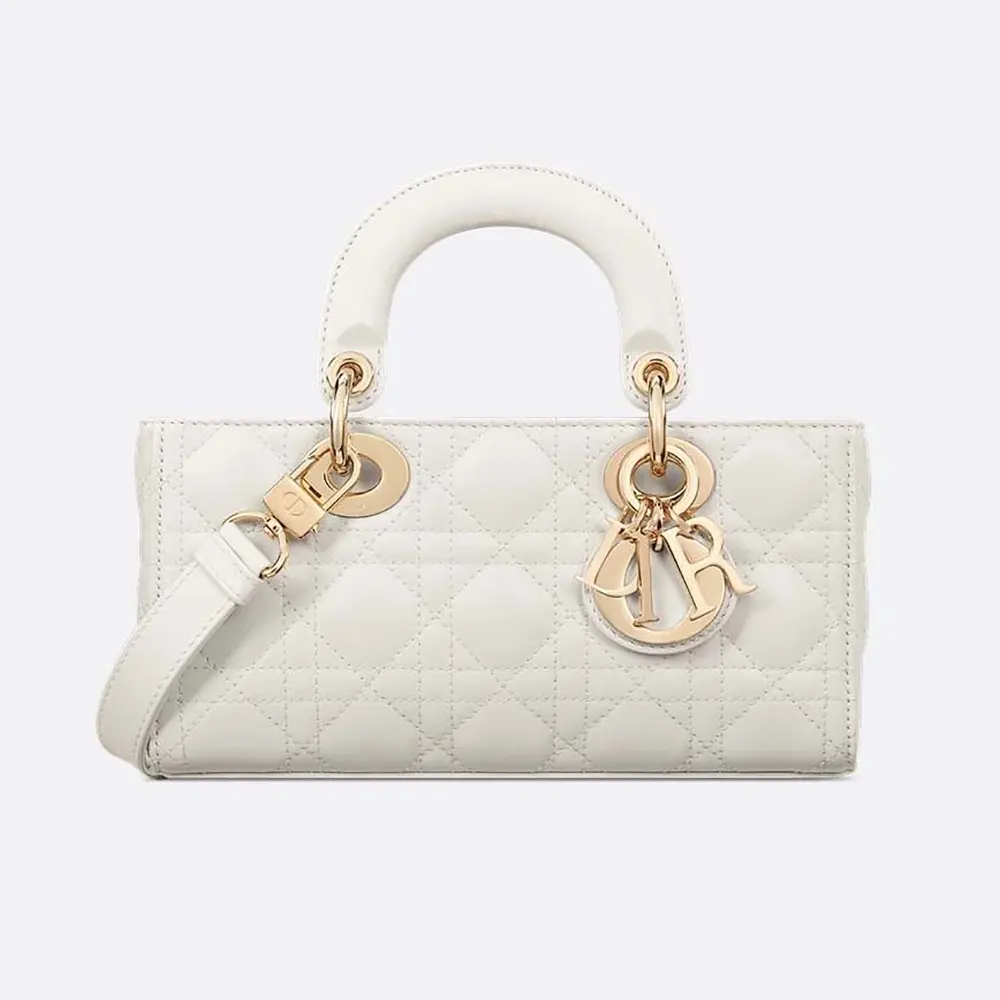 Front view of Dior Women Small Lady D-Joy Bag Latte Cannage Lambskin in white
