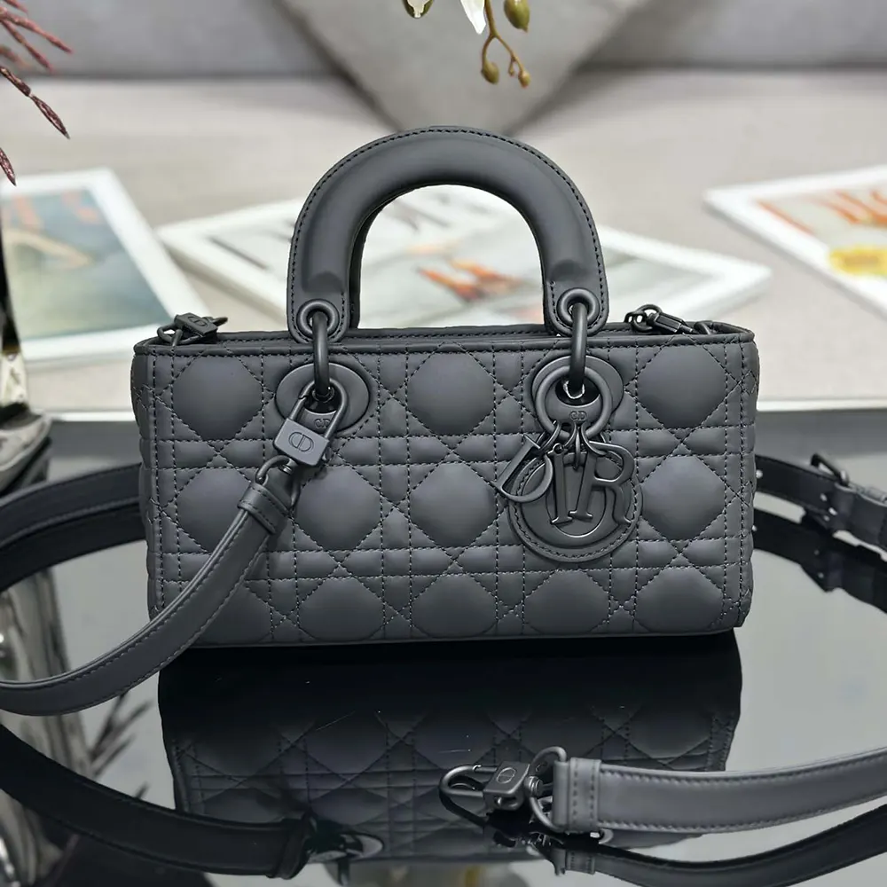 Close-up of Cannage stitching and silver-tone hardware on Dior Lady D-Joy Bag