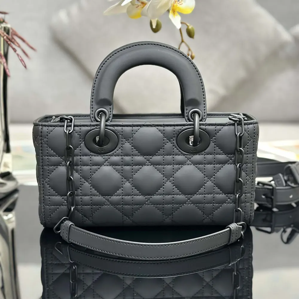 Side profile showing magnetic flap closure on Dior Women Small Lady D-Joy Bag