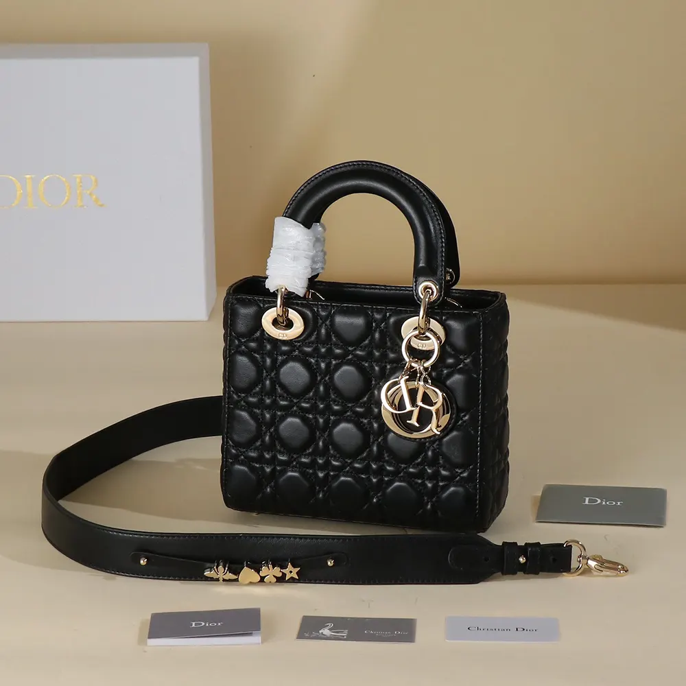 Close-up of iconic Cannage stitching on Dior Women Small Lady Dior My ABCDior Bag black leather