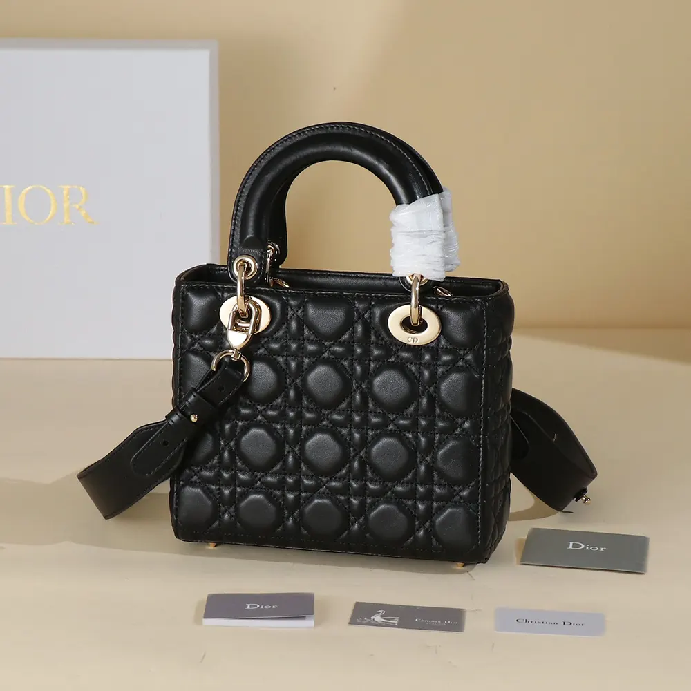 Side angle showing chain shoulder strap and polished details of Dior Women Small Lady Dior My ABCDior Bag