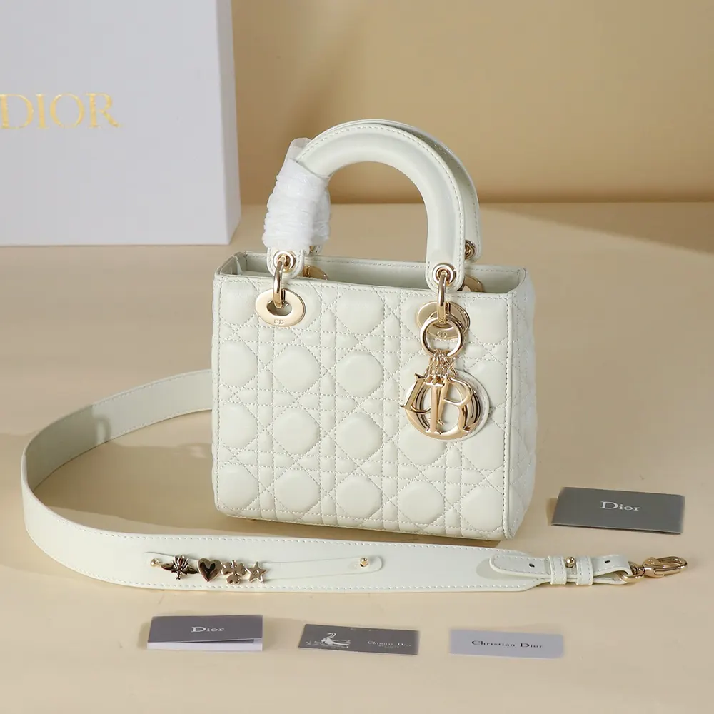 Close-up of Cannage quilting and silver hardware on Dior Women Small Lady Dior My ABCDior Bag