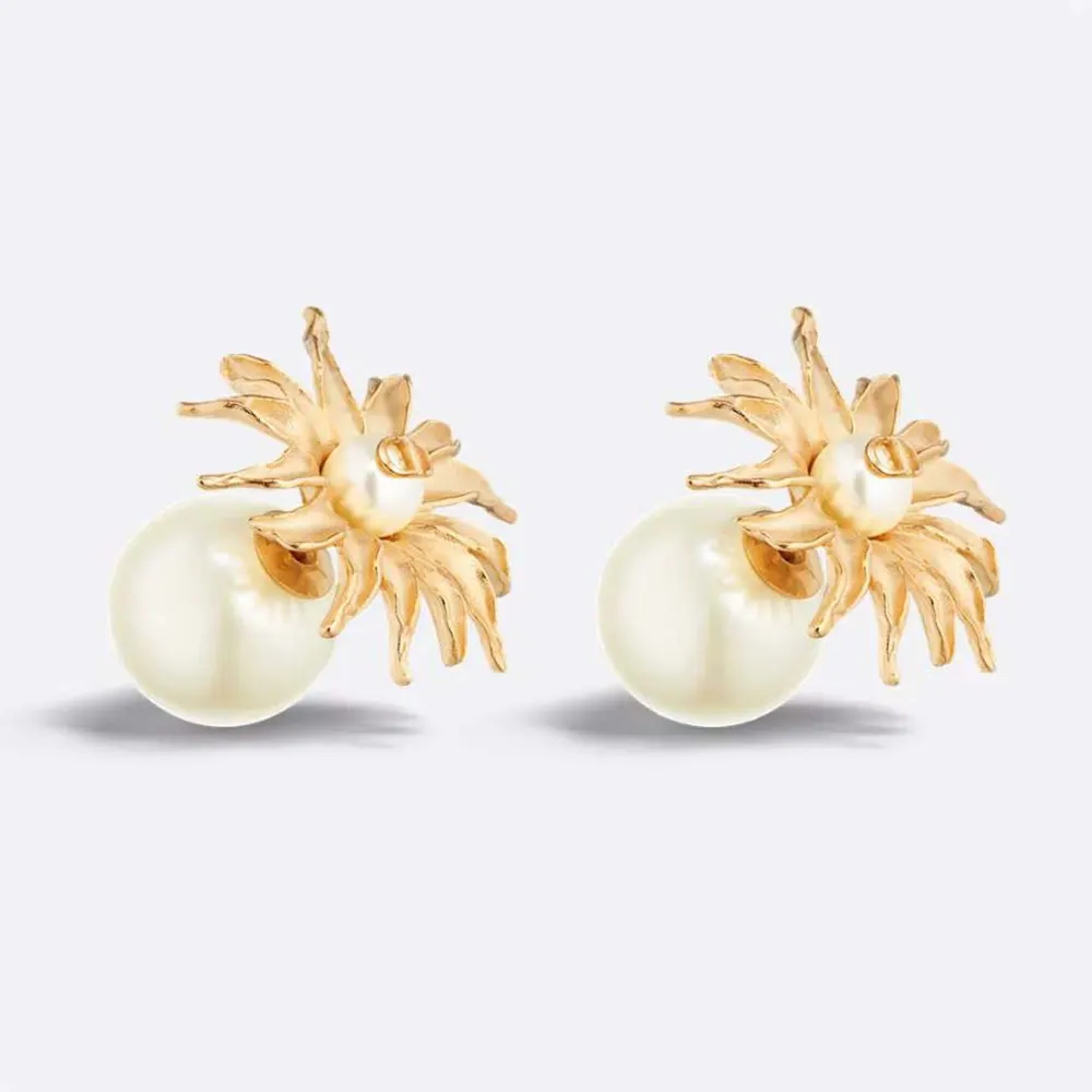 Close-up front view of Dior Women Tribales Earrings gold-finish metal