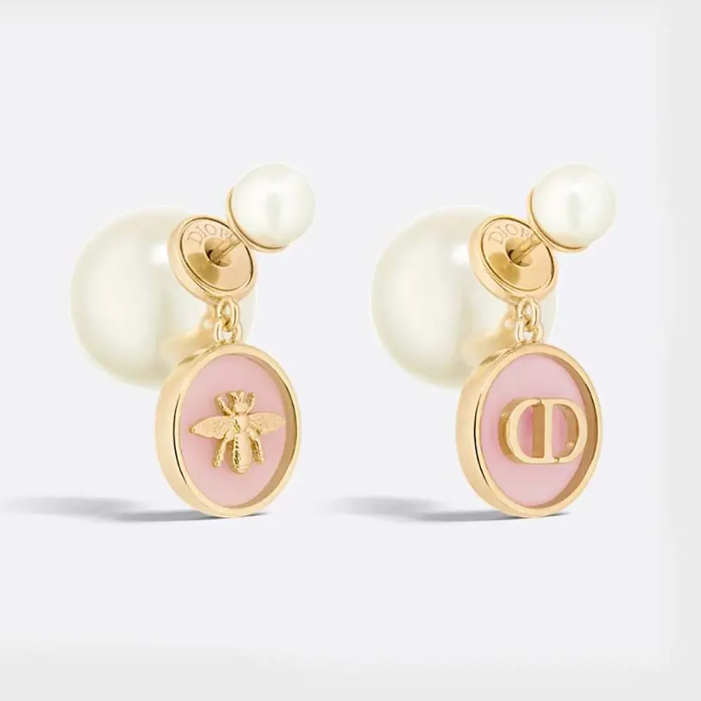 Front view of Dior Women Tribales Earrings Gold-Finish Metal with Pink Resin