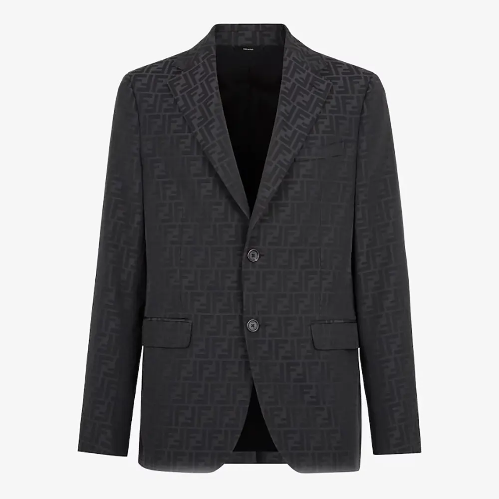 Front view of Fendi Men Jacket Black Fabric Blazer on mannequin